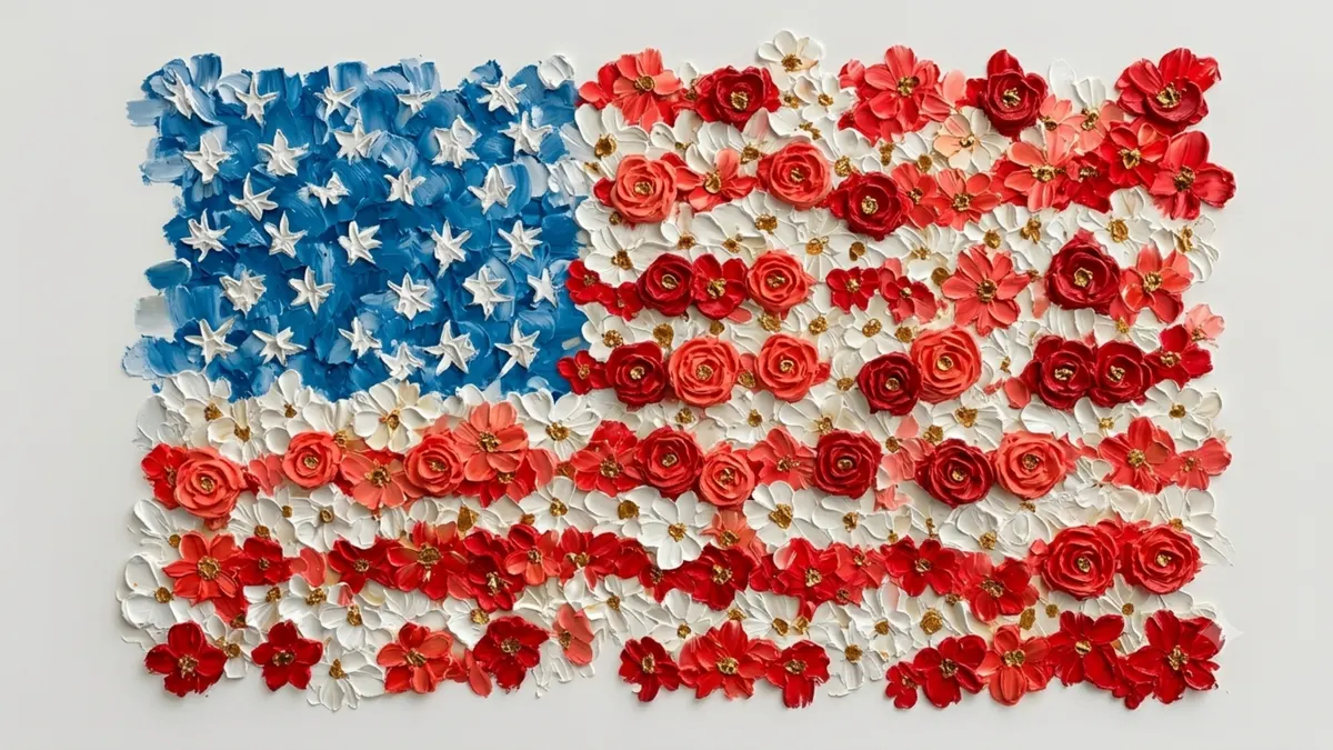 Floral Flag Frame TV sign — a textured American flag made entirely of red, white, and gold-flecked painted flowers